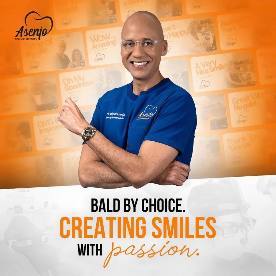 Dr. Miguel Asenjo in blue scrubs. Bald by choice. Creating smiles with passion.