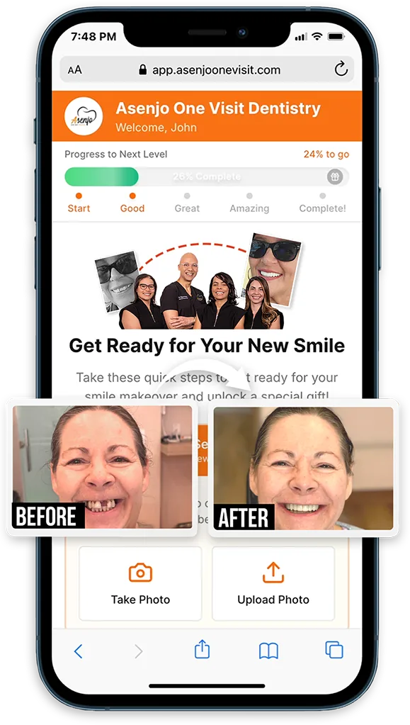 The Asenjo Smile Preview app on a phone, with photo upload and before and after preview